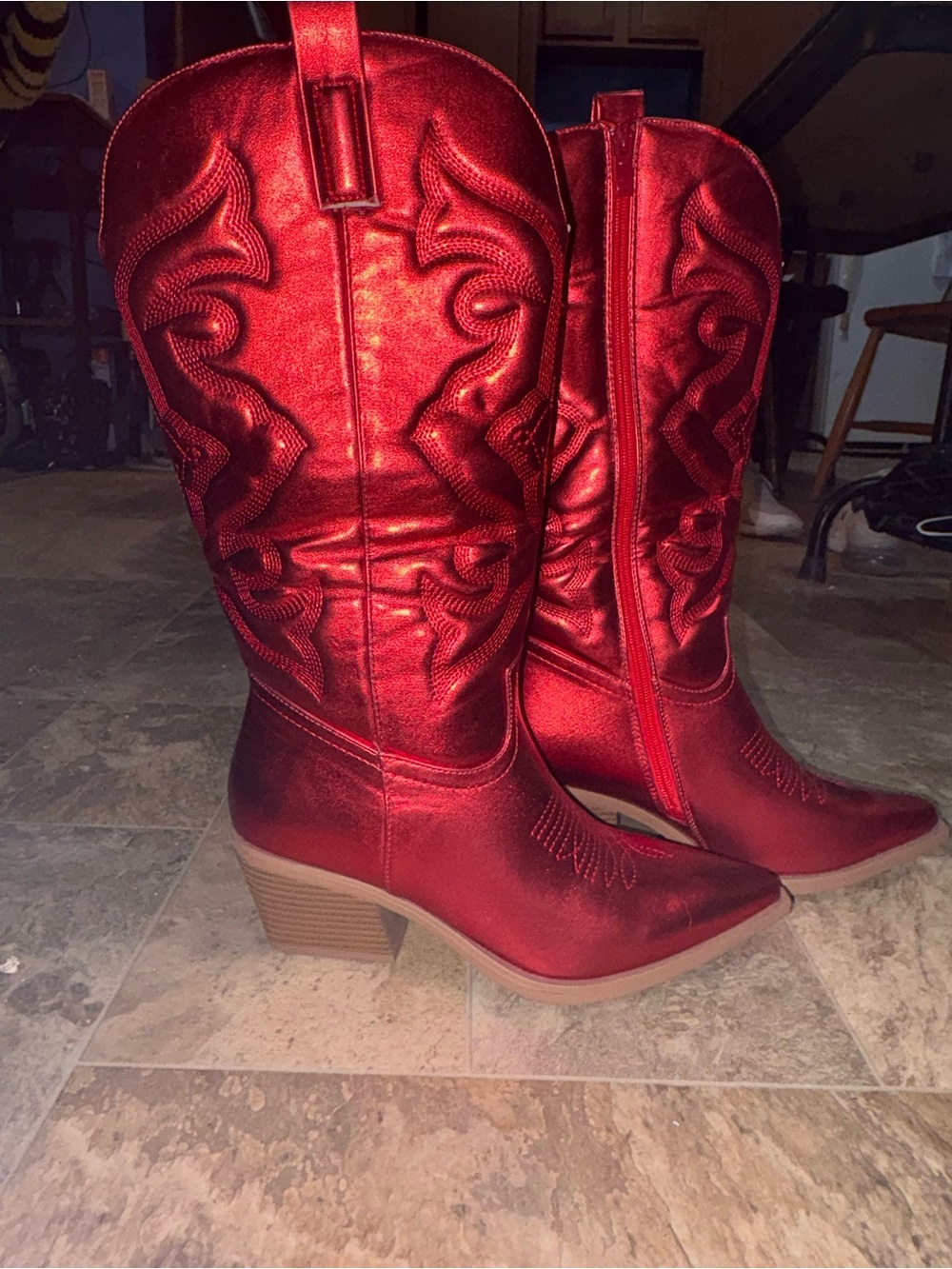 Amazon Red Metallic Western Heeled Cowboy Boots for Women
